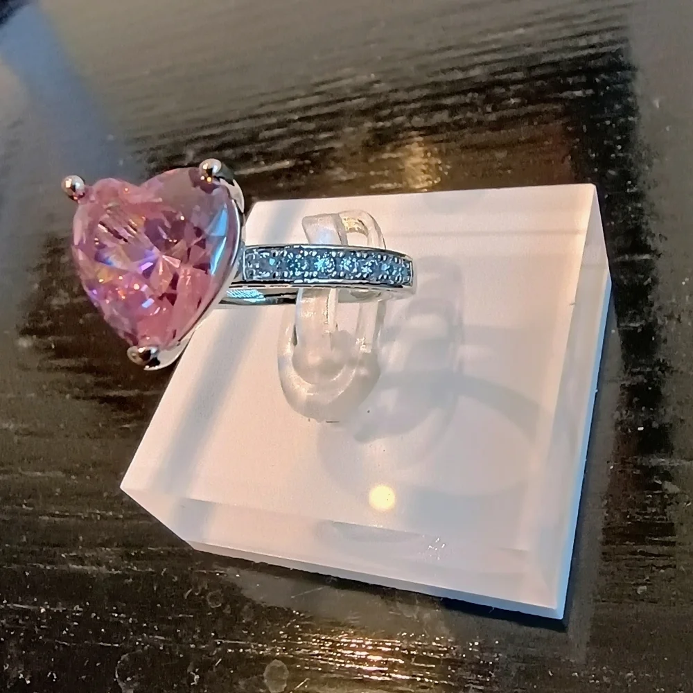 Pink Cubic Zirconia Heart Cut Ring Size 6-10 Silver Tone